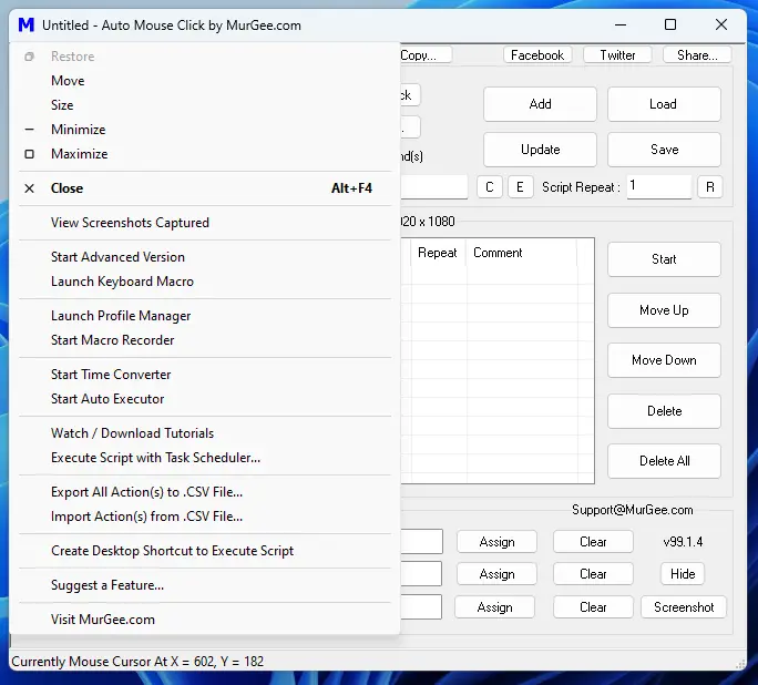 System Menu of Auto Mouse Click by MurGee.com